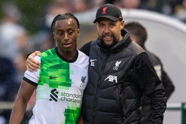 SOUTHAMPTON, ENGLAND - Friday, August 25, 2023: Liverpool's Isaac Mabaya (L) and Under-21's head coach Barry Lewtas during the Premier League 2 Division 1 match between Southampton FC Under-21's and Liverpool FC Under-21's at the Testwood Stadium. Liverpool won 3-0. (Pic by Robin Jones/Propaganda)