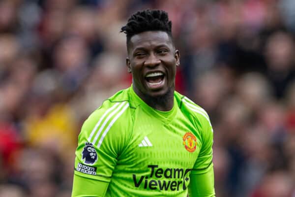 MANCHESTER, ENGLAND - Saturday, August 26, 2023: Manchester United's goalkeeper André Onana during the FA Premier League match between Manchester United FC and Nottingham Forest FC at Old Trafford. Man Utd won 3-2. (Pic by David Rawcliffe/Propaganda)