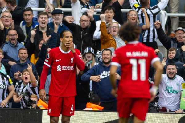 NEWCASTLE-UPON-TYNE, ENGLAND - Sunday, August 27, 2023: Liverpool's captain Virgil van Dijk reacts as he is is shown a red card and sent off during the FA Premier League match between Newcastle United FC and Liverpool FC at St James' Park. Liverpool won 2-1. (Pic by David Rawcliffe/Propaganda)