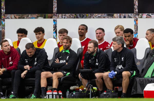 NEWCASTLE-UPON-TYNE, ENGLAND - Sunday, August 27, 2023: Liverpool's Luis Díaz, Stefan Bajcetic, Ben Doak, Joël Matip, Alexis Mac Allister, goalkeeper Caoimhin Kelleher, Cody Gakpo, Diogo Jota, Wataru Endo on the bench during the FA Premier League match between Newcastle United FC and Liverpool FC at St James' Park. Liverpool won 2-1. (Pic by David Rawcliffe/Propaganda)