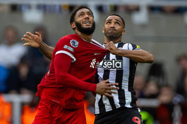 NEWCASTLE-UPON-TYNE, ENGLAND - Sunday, August 27, 2023: Liverpool's Joe Gomez (L) is challenged by Newcastle United's Callum Wilson during the FA Premier League match between Newcastle United FC and Liverpool FC at St James' Park. Liverpool won 2-1. (Pic by David Rawcliffe/Propaganda)