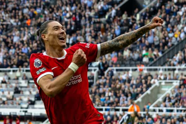 NEWCASTLE-UPON-TYNE, ENGLAND - Sunday, August 27, 2023: Liverpool's Darwin Núñez celebrates after scoring the winning second goal during the FA Premier League match between Newcastle United FC and Liverpool FC at St James' Park. Liverpool won 2-1. (Pic by David Rawcliffe/Propaganda)