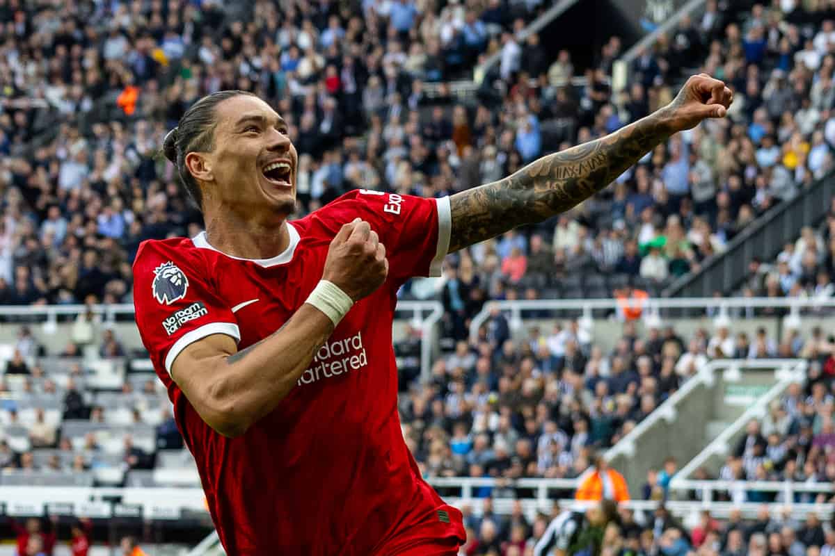 NEWCASTLE-UPON-TYNE, ENGLAND - Sunday, August 27, 2023: Liverpool's Darwin Núñez celebrates after scoring the winning second goal during the FA Premier League match between Newcastle United FC and Liverpool FC at St James' Park. Liverpool won 2-1. (Pic by David Rawcliffe/Propaganda)