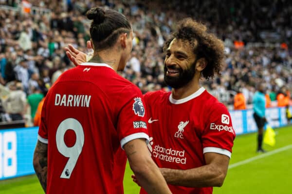 NEWCASTLE-UPON-TYNE, ENGLAND - Sunday, August 27, 2023: Liverpool's Darwin Núñez (L) celebrates with team-mate Mohamed Salah after scoring the winning second goal during the FA Premier League match between Newcastle United FC and Liverpool FC at St James' Park. Liverpool won 2-1. (Pic by David Rawcliffe/Propaganda)