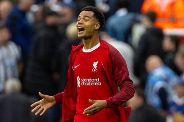 NEWCASTLE-UPON-TYNE, ENGLAND - Sunday, August 27, 2023: Liverpool's Cody Gakpo celebrates at the final whistle during the FA Premier League match between Newcastle United FC and Liverpool FC at St James' Park. Liverpool won 2-1. (Pic by David Rawcliffe/Propaganda)