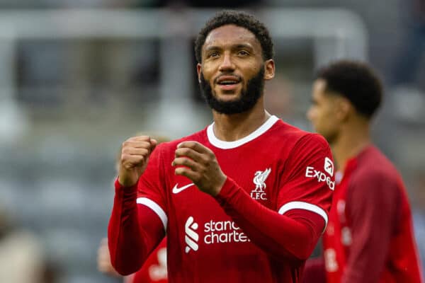 NEWCASTLE-UPON-TYNE, ENGLAND - Sunday, August 27, 2023: Liverpool's Joe Gomez celebrates after the FA Premier League match between Newcastle United FC and Liverpool FC at St James' Park. Liverpool won 2-1. (Pic by David Rawcliffe/Propaganda)