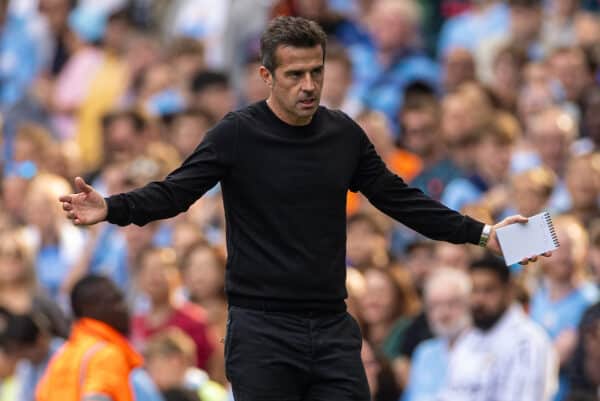 MANCHESTER, ENGLAND - Saturday, September 2, 2023: Fulham's manager Marco Silva reacts after Manchester City's second goal was allowed to stand during the FA Premier League match between Manchester City FC and Fulham FC at the City of Manchester Stadium. (Pic by David Rawcliffe/Propaganda)