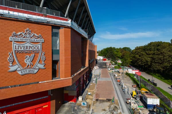 LIVERPOOL, ENGLAND - Saturday, September 2, 2023: A general view of Liverpool's Anfield Stadium showing the halted construction of the Anfield Road before the FA Premier League match between Liverpool FC and Aston Villa FC. (Pic by David Rawcliffe/Propaganda)