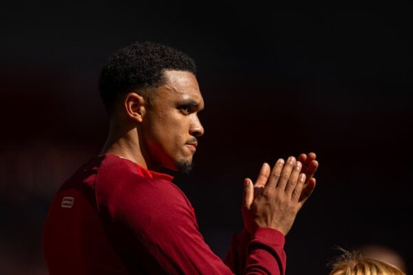 LIVERPOOL, ENGLAND - Saturday, September 2, 2023: Liverpool's captain Trent Alexander-Arnold leads his side out before the FA Premier League match between Liverpool FC and Aston Villa FC at Anfield. Liverpool won 3-0. (Pic by David Rawcliffe/Propaganda)