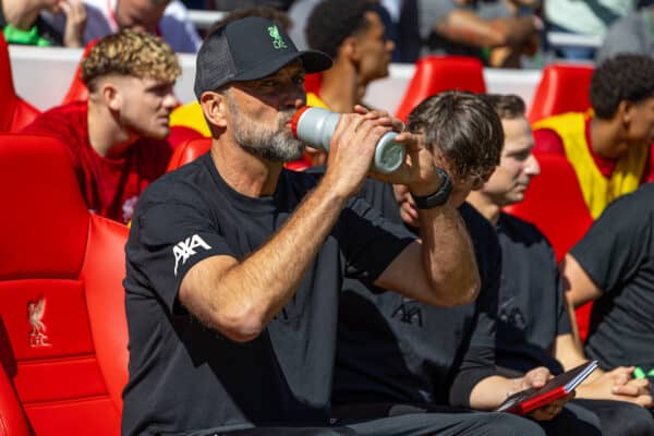 LIVERPOOL, ENGLAND - Saturday, September 2, 2023: Liverpool's manager Jürgen Klopp drinks from a plastic water bottle before the FA Premier League match between Liverpool FC and Aston Villa FC at Anfield. Liverpool won 3-0. (Pic by David Rawcliffe/Propaganda)