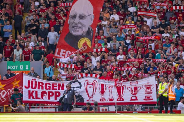 LIVERPOOL, ENGLAND - Saturday, September 2, 2023: Liverpool supporter sing "You'll Never Walk Alone" before the FA Premier League match between Liverpool FC and Aston Villa FC at Anfield. Liverpool won 3-0. (Pic by David Rawcliffe/Propaganda)