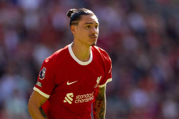 LIVERPOOL, ENGLAND - Saturday, September 2, 2023: Liverpool's Darwin Núñez during the FA Premier League match between Liverpool FC and Aston Villa FC at Anfield. Liverpool won 3-0. (Pic by David Rawcliffe/Propaganda)