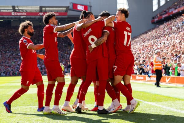 LIVERPOOL, ENGLAND - Saturday, September 2, 2023: Liverpool's Dominik Szoboszlai (2nd from R) celebrates with team-mates after scoring the opening goal during the FA Premier League match between Liverpool FC and Aston Villa FC at Anfield. Liverpool won 3-0. (Pic by David Rawcliffe/Propaganda)