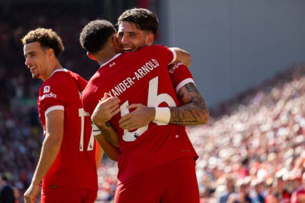 LIVERPOOL, ENGLAND - Saturday, September 2, 2023: Liverpool's Dominik Szoboszlai (R) celebrates with team-mate Trent Alexander-Arnold after scoring the opening goal during the FA Premier League match between Liverpool FC and Aston Villa FC at Anfield. Liverpool won 3-0. (Pic by David Rawcliffe/Propaganda)
