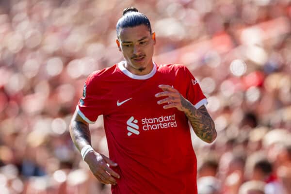 LIVERPOOL, ENGLAND - Saturday, September 2, 2023: Liverpool's Darwin Núñez during the FA Premier League match between Liverpool FC and Aston Villa FC at Anfield. Liverpool won 3-0. (Pic by David Rawcliffe/Propaganda)