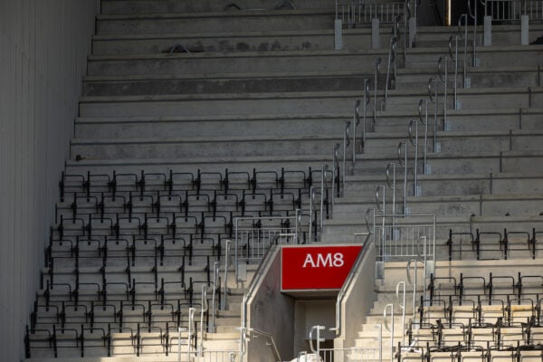 LIVERPOOL, ENGLAND - Saturday, September 2, 2023: Frames of new seats in the new upper tier of the Anfield Road stand seen during the FA Premier League match between Liverpool FC and Aston Villa FC at Anfield. Liverpool won 3-0. Construction was halted as the contractors filed for administration, (Pic by David Rawcliffe/Propaganda)