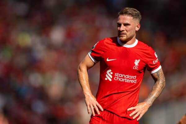 LIVERPOOL, ENGLAND - Saturday, September 2, 2023: Liverpool's Alexis Mac Allister during the FA Premier League match between Liverpool FC and Aston Villa FC at Anfield. Liverpool won 3-0. (Pic by David Rawcliffe/Propaganda)