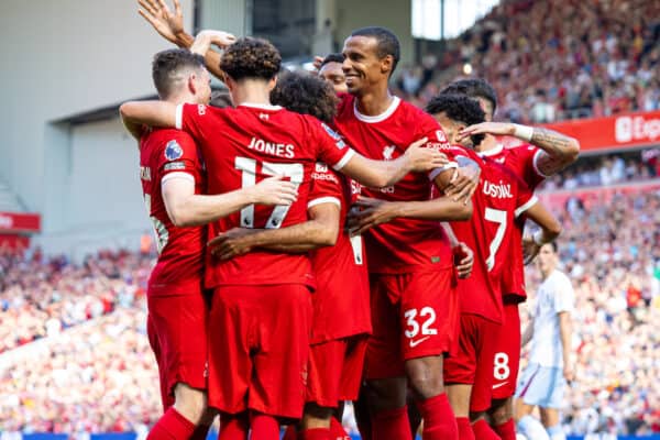 LIVERPOOL, ENGLAND - Saturday, September 2, 2023: Liverpool's Mohamed Salah (C) celebrates with team-mates after scoring the third goal during the FA Premier League match between Liverpool FC and Aston Villa FC at Anfield. Liverpool won 3-0. (Pic by David Rawcliffe/Propaganda)