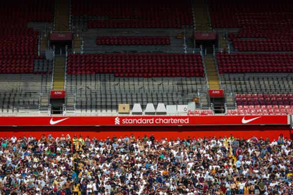 LIVERPOOL, ENGLAND - Saturday, September 2, 2023: Frames of new seats in the new upper tier of the Anfield Road stand seen during the FA Premier League match between Liverpool FC and Aston Villa FC at Anfield. Liverpool won 3-0. Construction was halted as the contractors filed for administration, (Pic by David Rawcliffe/Propaganda)