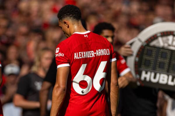 LIVERPOOL, ENGLAND - Saturday, September 2, 2023: Liverpool's Trent Alexander-Arnold goes off injured during the FA Premier League match between Liverpool FC and Aston Villa FC at Anfield. Liverpool won 3-0. (Pic by David Rawcliffe/Propaganda)