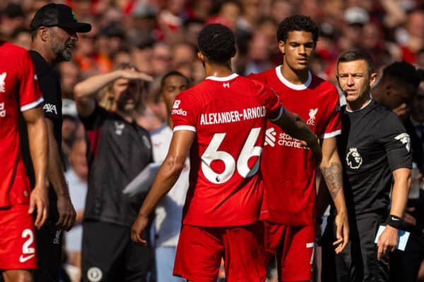 LIVERPOOL, ENGLAND - Saturday, September 2, 2023: Liverpool's Trent Alexander-Arnold goes off injured to be replaced by substitute Jarell Quansah during the FA Premier League match between Liverpool FC and Aston Villa FC at Anfield. Liverpool won 3-0. (Pic by David Rawcliffe/Propaganda)