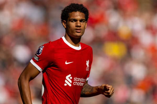 LIVERPOOL, ENGLAND - Saturday, September 2, 2023: Liverpool's substitute Jarell Quansah during the FA Premier League match between Liverpool FC and Aston Villa FC at Anfield. Liverpool won 3-0. (Pic by David Rawcliffe/Propaganda)