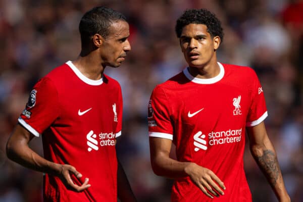 LIVERPOOL, ENGLAND - Saturday, September 2, 2023: Liverpool's Joel Matip and Jarell Quansah during the FA Premier League match between Liverpool FC and Aston Villa FC at Anfield. Liverpool won 3-0. (Pic by David Rawcliffe/Propaganda)