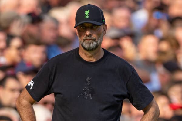 LIVERPOOL, ENGLAND - Saturday, September 2, 2023: Liverpool's manager Jürgen Klopp during the FA Premier League match between Liverpool FC and Aston Villa FC at Anfield. Liverpool won 3-0. (Pic by David Rawcliffe/Propaganda)