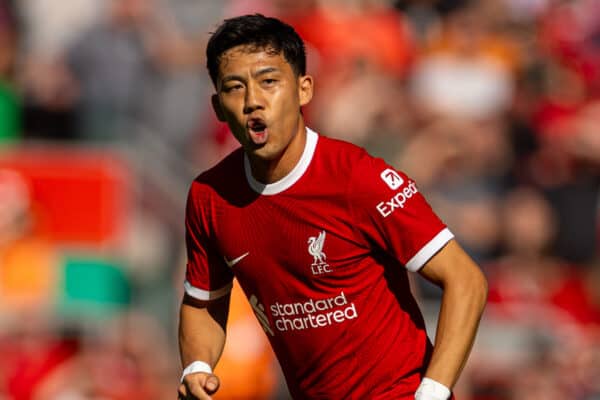 LIVERPOOL, ENGLAND - Saturday, September 2, 2023: Liverpool's Wataru Endo during the FA Premier League match between Liverpool FC and Aston Villa FC at Anfield. Liverpool won 3-0. (Pic by David Rawcliffe/Propaganda)