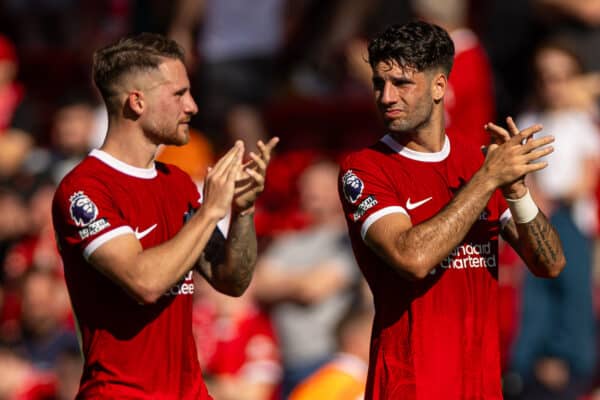 LIVERPOOL, ENGLAND - Saturday, September 2, 2023: Liverpool's Alexis Mac Allister (L) and Dominik Szoboszlai after the FA Premier League match between Liverpool FC and Aston Villa FC at Anfield. Liverpool won 3-0. (Pic by David Rawcliffe/Propaganda)