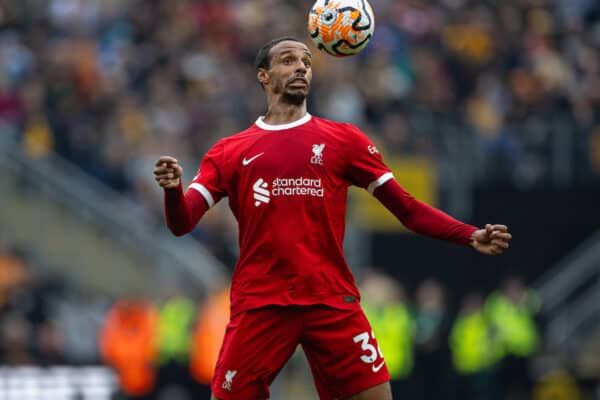 WOLVERHAMPTON, ENGLAND - Saturday, September 16, 2023: Liverpool's Joël Matip during the FA Premier League match between Wolverhampton Wanderers FC and Liverpool FC at Molineux Stadium. Liverpool won 3-1. (Pic by David Rawcliffe/Propaganda)