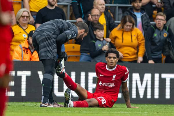WOLVERHAMPTON, ENGLAND - Saturday, September 16, 2023: Liverpool's Jarell Quansah goes down injured during the FA Premier League match between Wolverhampton Wanderers FC and Liverpool FC at Molineux Stadium. Liverpool won 3-1. (Pic by David Rawcliffe/Propaganda)