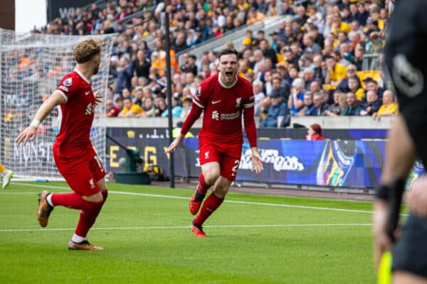 WOLVERHAMPTON, ENGLAND - Saturday, September 16, 2023: Liverpool's Andy Robertson celebrates after scoring the second goal during the FA Premier League match between Wolverhampton Wanderers FC and Liverpool FC at Molineux Stadium. Liverpool won 3-1. (Pic by David Rawcliffe/Propaganda)