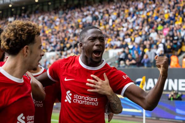 WOLVERHAMPTON, ENGLAND - Saturday, September 16, 2023: Liverpool's Ibrahima Konaté celebrates his side's second goal during the FA Premier League match between Wolverhampton Wanderers FC and Liverpool FC at Molineux Stadium. Liverpool won 3-1. (Pic by David Rawcliffe/Propaganda)