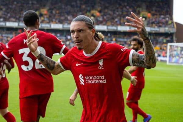 WOLVERHAMPTON, ENGLAND - Saturday, September 16, 2023: Liverpool's Darwin Núñez celebrates his side's second goal during the FA Premier League match between Wolverhampton Wanderers FC and Liverpool FC at Molineux Stadium. Liverpool won 3-1. (Pic by David Rawcliffe/Propaganda)