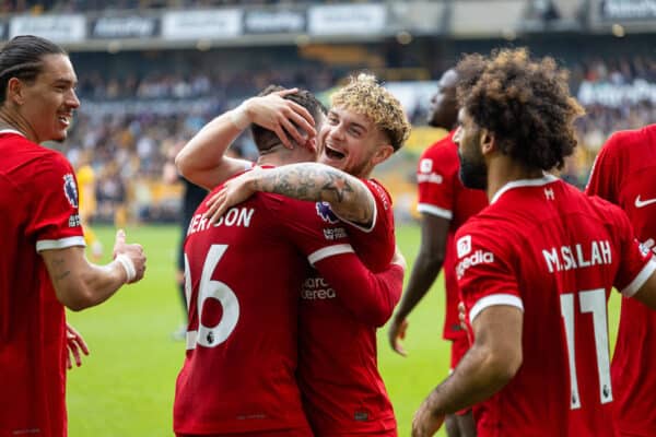 WOLVERHAMPTON, ENGLAND - Saturday, September 16, 2023: Liverpool's Andy Robertson (L) celebrates with team-mate Harvey Elliott after scoring his side's second goal during the FA Premier League match between Wolverhampton Wanderers FC and Liverpool FC at Molineux Stadium. Liverpool won 3-1. (Pic by David Rawcliffe/Propaganda)