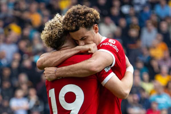 WOLVERHAMPTON, ENGLAND - Saturday, September 16, 2023: Liverpool's Harvey Elliott (L) celebrates with team-mate Curtis Jones after scoring the third goal during the FA Premier League match between Wolverhampton Wanderers FC and Liverpool FC at Molineux Stadium. Liverpool won 3-1. (Pic by David Rawcliffe/Propaganda)