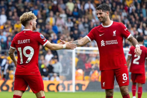 WOLVERHAMPTON, ENGLAND - Saturday, September 16, 2023: Liverpool's Harvey Elliott (L) celebrates with team-mate Dominik Szoboszlai after scoring the third goal during the FA Premier League match between Wolverhampton Wanderers FC and Liverpool FC at Molineux Stadium. Liverpool won 3-1. (Pic by David Rawcliffe/Propaganda)