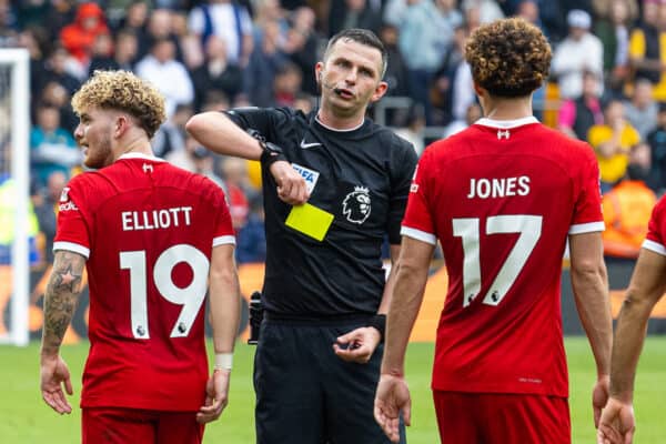 WOLVERHAMPTON, ENGLAND - Saturday, September 16, 2023: Liverpool's Harvey Elliott (L) is shown a yellow card by referee Michael Oliver after celebrating with supporters after scoring the third goal during the FA Premier League match between Wolverhampton Wanderers FC and Liverpool FC at Molineux Stadium. Liverpool won 3-1. (Pic by David Rawcliffe/Propaganda)