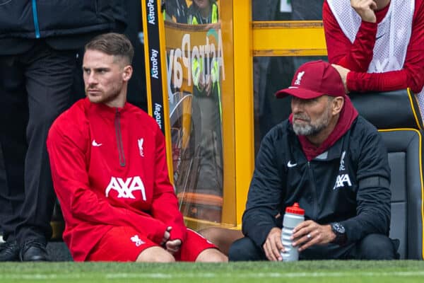 WOLVERHAMPTON, ENGLAND - Saturday, September 16, 2023: Liverpool's Alexis Mac Allister, manager Jürgen Klopp, Kostas Tsimikas, assistant manager Peter Krawietz, Wataru Endo, first-team development coach Pepijn Lijnders, goalkeeping coach John Achterberg, head of fitness and conditioning Andreas Kornmayer, Stefan Bajcetic look on from the bench during the FA Premier League match between Wolverhampton Wanderers FC and Liverpool FC at Molineux Stadium. Liverpool won 3-1. (Pic by David Rawcliffe/Propaganda)