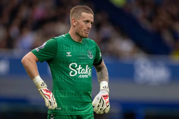 LIVERPOOL, ENGLAND - Sunday, September 17, 2023: Everton's goalkeeper Jordan Pickford looks dejected during the FA Premier League match between Everton FC and Arsenal FC at Goodison Park. Arsenal won 1-0. (Pic by David Rawcliffe/Propaganda)