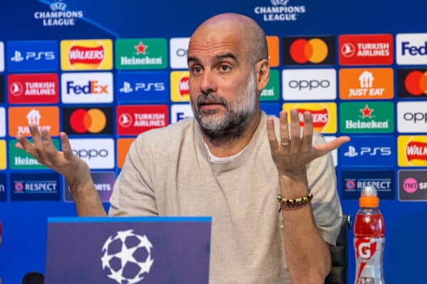 MANCHESTER, ENGLAND - Monday, September 18, 2023: Manchester City's manager Josep 'Pep' Guardiola during a pre-match press conference at the Etihad Campus ahead of the UEFA Champions League Group G match between Manchester City FC and Red Star Belgrade. (Pic by David Rawcliffe/Propaganda)