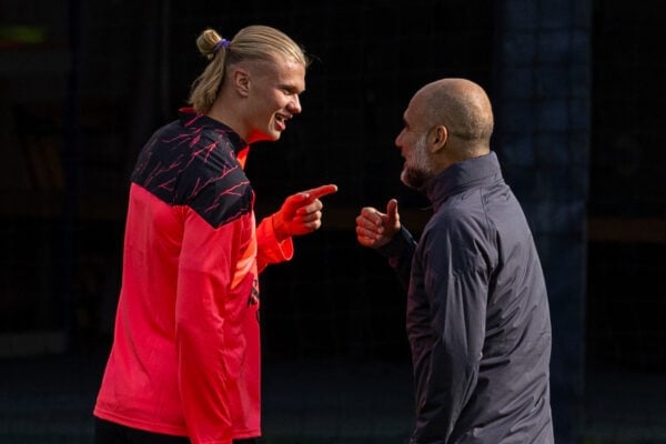 MANCHESTER, ENGLAND - Monday, September 18, 2023: Manchester City's Erling Haaland speaks with manager Josep 'Pep' Guardiola during a training session at the Etihad Campus ahead of the UEFA Champions League Group G match between Manchester City FC and Red Star Belgrade. (Pic by David Rawcliffe/Propaganda)