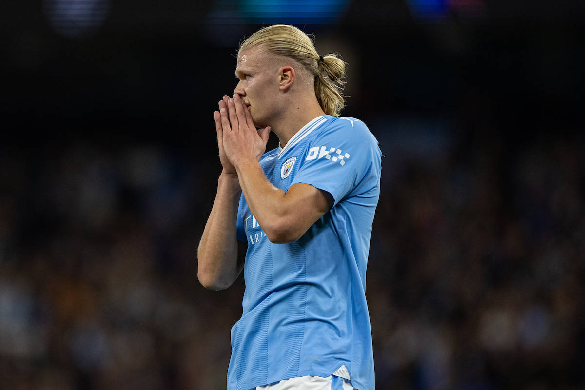 MANCHESTER, ENGLAND - Tuesday, September 19, 2023: Manchester City's Erling Haaland looks dejected after missing a chance during the UEFA Champions League Group G match between Manchester City FC and Red Star Belgrade at the City of Manchester Stadium. Man City won 3-1. (Pic by David Rawcliffe/Propaganda)