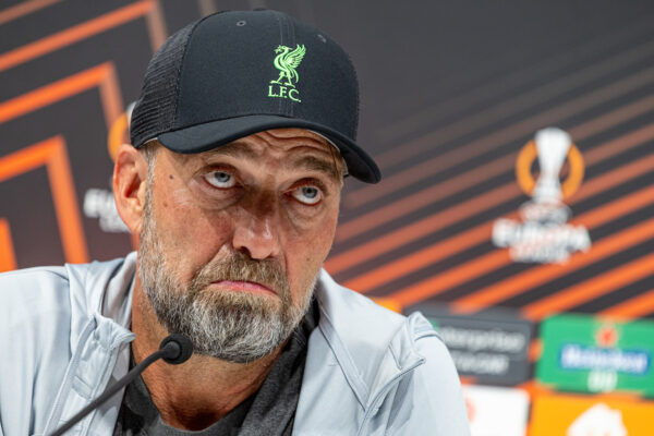 LINZ, AUSTRIA - Wednesday, September 20, 2023: Liverpool's manager Jürgen Klopp during a pre-match press conference ahead of the UEFA Europa League Group E matchday 1 game between LASK and Liverpool FC at the Raiffeisen Arena. (Pic by David Rawcliffe/Propaganda)