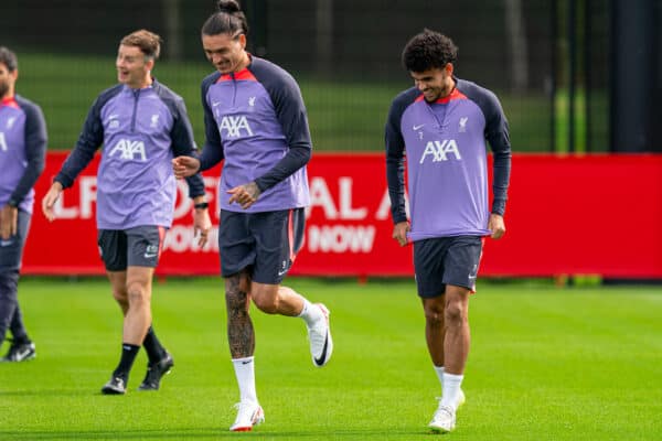 LIVERPOOL, ENGLAND - Wednesday, September 20, 2023: Liverpool's Darwin Núñez (L) and Luis Díaz during a training session at the AXA Training Centre ahead of the UEFA Europa League Group E match between LASK and Liverpool FC. (Pic by Andrew Yeats/Propaganda)