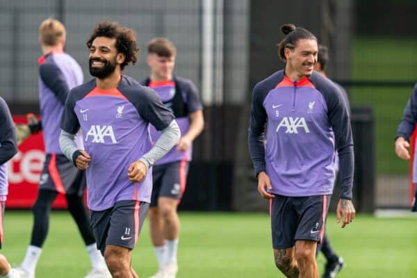  Liverpool's Mohamed Salah (L) and Darwin Núñez during a training session at the AXA Training Centre ahead of the UEFA Europa League Group E match between LASK and Liverpool FC. (Pic by Andrew Yeats/Propaganda)