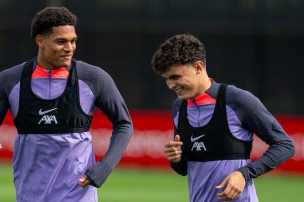 LIVERPOOL, ENGLAND - Wednesday, September 20, 2023: Liverpool's Jarell Quansah (L) and Stefan Bajcetic during a training session at the AXA Training Centre ahead of the UEFA Europa League Group E match between LASK and Liverpool FC. (Pic by Andrew Yeats/Propaganda)