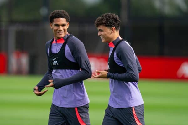 LIVERPOOL, ENGLAND - Wednesday, September 20, 2023: Liverpool's Jarell Quansah (L) and Stefan Bajcetic during a training session at the AXA Training Centre ahead of the UEFA Europa League Group E match between LASK and Liverpool FC. (Pic by Andrew Yeats/Propaganda)