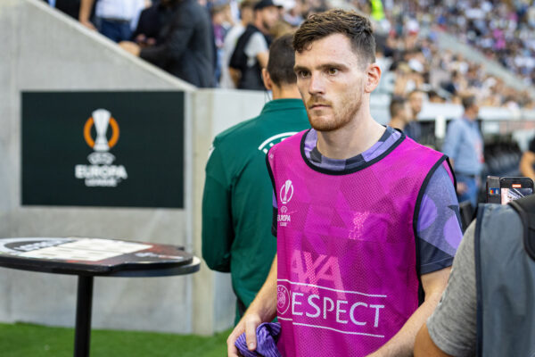 LINZ, AUSTRIA - Thursday, September 21, 2023: Liverpool's substitute Andy Robertson before the UEFA Europa League Group E matchday 1 game between LASK and Liverpool FC at the Raiffeisen Arena. Liverpool won 3-1. (Pic by David Rawcliffe/Propaganda)